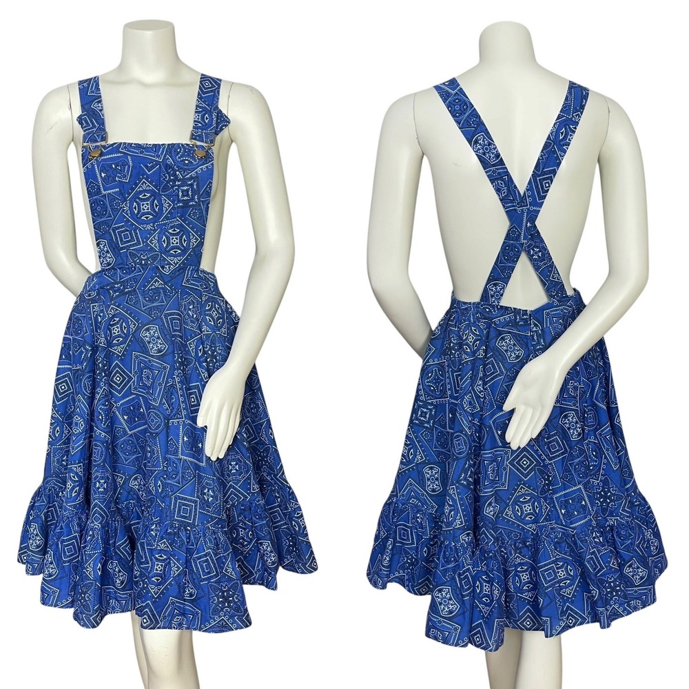 Vintage Square Dancing Overalls Dress Bandana Print Pinafore Ruffle Hem Women